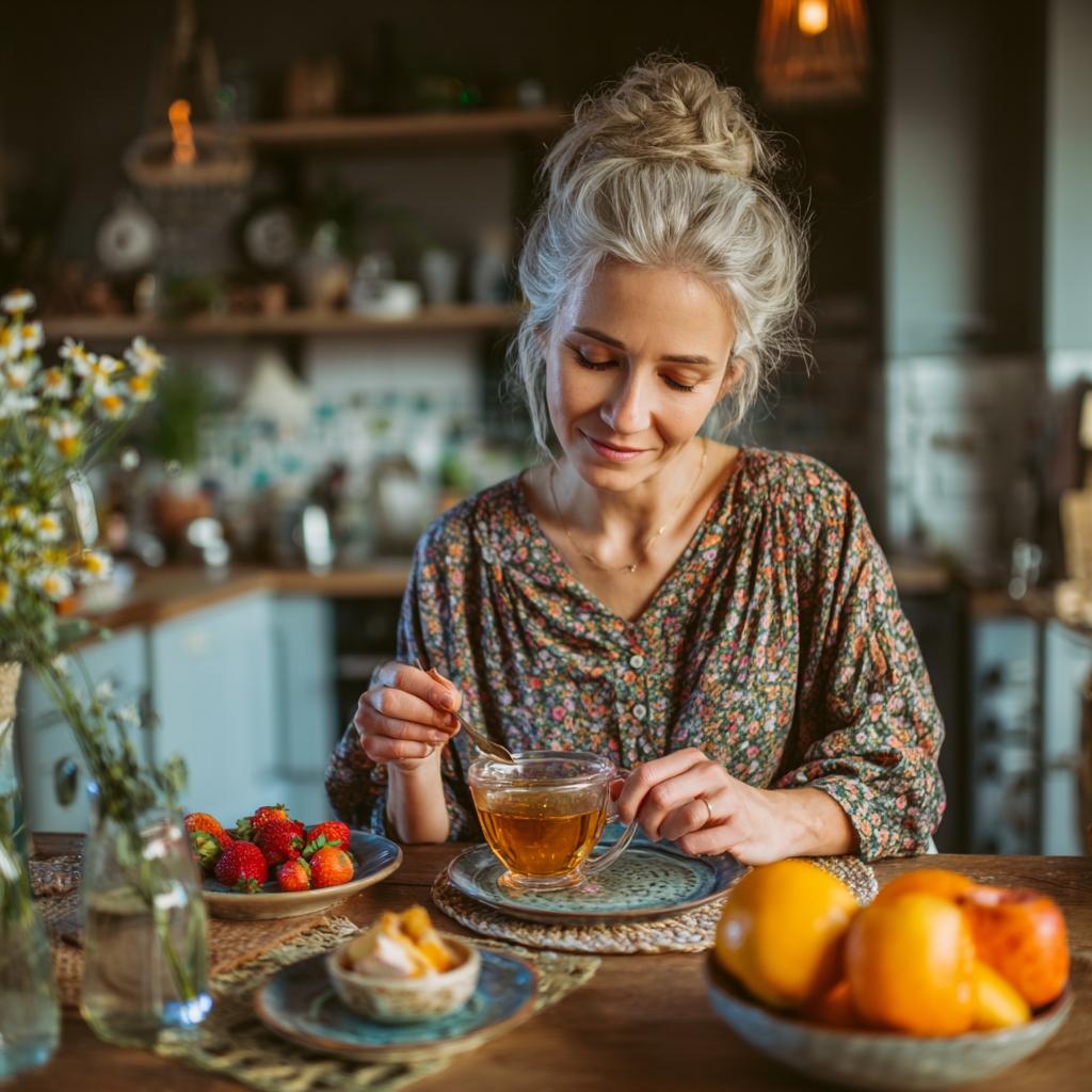 Happy Slovak family enjoying a healthy home-cooked meal together at a wooden dining table